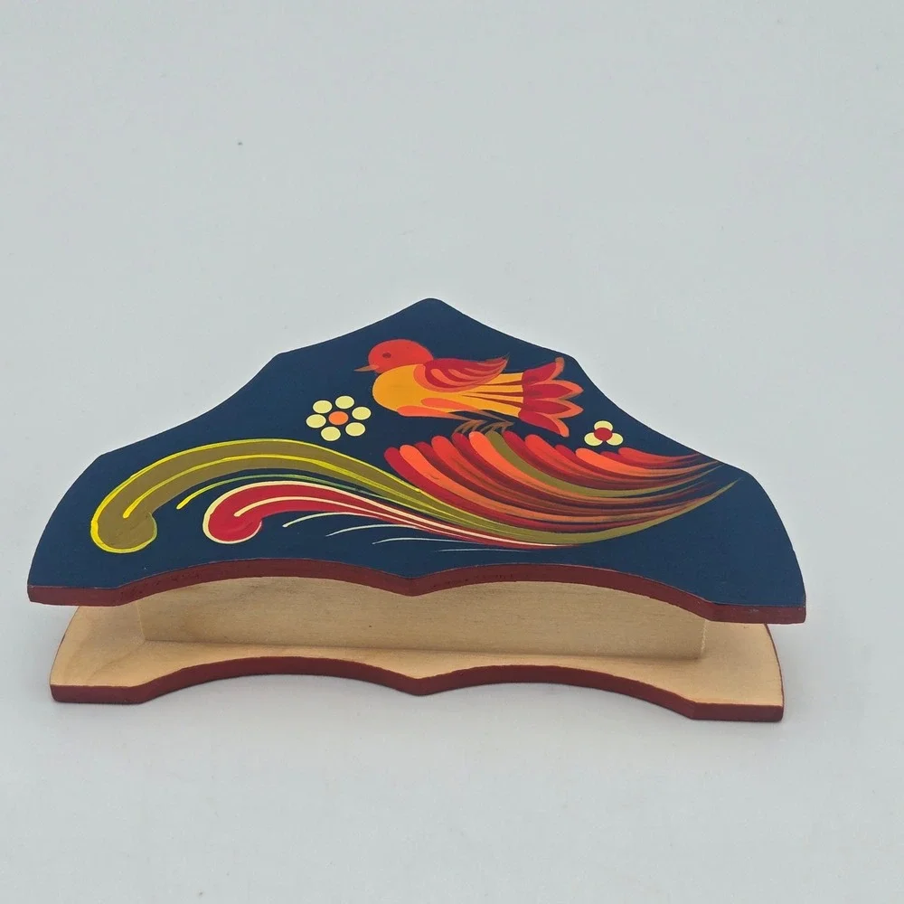 Swedish Dala Hand Painted Bird Floral Wooden Napkin Holder Scandinavian Folk Art